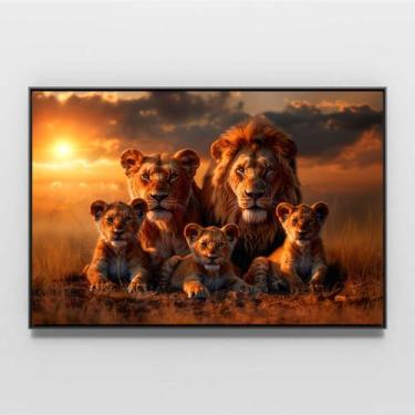 Imagem de Quadro decor família de leão com 3 filhotes - MeMoldura, Moldura Preta