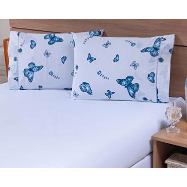 Imagem de Jogo Lençol 3 Peças Queen Estampado Borboletas Azuis 100% Algodão 200 Fios Ponto Palito (Branco, 25cm)