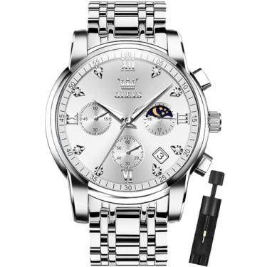 Imagem de OLEVS Relógio masculino analógico de quartzo cronógrafo quadrado relógio masculino de aço inoxidável ou pulseira de couro à prova d'água luminoso data relógio masculino, Todo prata, relógio masculino