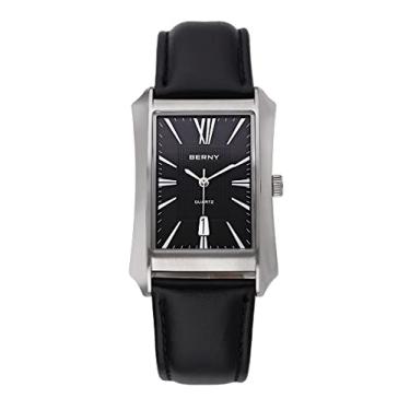 Imagem de BERNY Relógios masculinos masculinos casuais de quartzo com caixa de aço inoxidável com pulseira de couro retangular para homens (preto, branco, cinza, ouro rosa), Preto, Relógios de quartzo