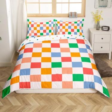 Imagem de Feelyou Jogo de cama retrô quadriculado para adolescentes e homens, arco-íris, colorido, xadrez, tamanho solteiro, geométrico, vintage, moderno, simples, estético, decoração de quarto