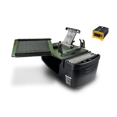 Imagem de AutoExec AE-RDFS-PI-PS-TAB-AG Reach Car Desk para sua estação de trabalho de veículos e escritório móvel, banco dianteiro verde militar com inversor de potência de 400 watts, suporte de impressora e