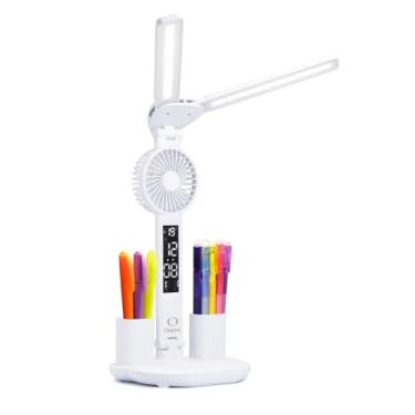 Imagem de Luminária LED de Mesa Dobrável 5 em 1 com Ventilador, Relógio Digital, Termômetro, Porta-Canetas e 3 Modos de Luz – Ideal para Estudo, Home Office e Quarto