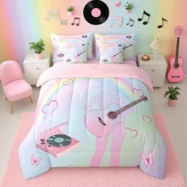 Imagem de Conjunto de cama solteiro para meninas, música, guitarra, cantor, rosa, arco-íris, conjunto de cama com edredom, lençóis, fronhas e capa de almofada