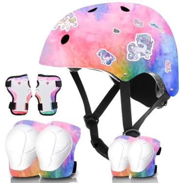 Imagem de Capacete e almofadas de bicicleta gradiente de cor ajustável para crianças de 3 a 5 a 8 a 14 anos + capacete de skate infantil com joelheira, protetores de cotoveleira, patins em linha, longboard