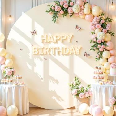 Imagem de Capa de fundo redonda bege 2,5 m bege círculo arco capa de fundo chá de bebê festa de aniversário balão foto de casamento círculo redondo suporte capa de tecido elastano