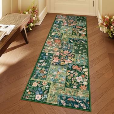 Imagem de Uphome Boho Kitchen Runner, tapete de corredor lavável verde 5 x 15 cm, tapete de corredor floral macio antiderrapante 1,8 m, tapete de retalhos de plantas coloridas ultrafino, para quarto, entrada