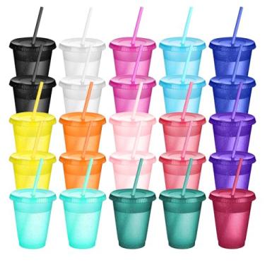 Imagem de SIUYUWK Copos com canudos e tampas Copo com canudo reutilizável garrafa de água café gelado caneca de viagem copos de plástico para festas 473 ml (cores modernas, pacote com 25)