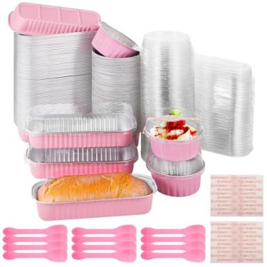 Imagem de 600 peças de mini formas de bolo com tampas e colheres, mini formas de pão descartáveis com tampas, copos de cupcake, caixas de sobremesa retangulares e redondas de alumínio com adesivos de vedação