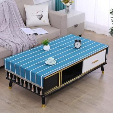 Imagem de Toalha de mesa de centro retangular bordada para sala de estar, toalha de mesa de café com bolsos e borlas, tecido lavável para cozinha, decoração de casa, decoração de casa, azul listrado 61 x 180 cm