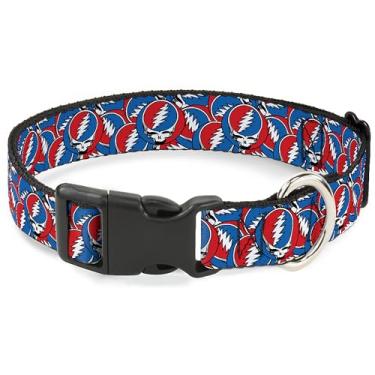 Imagem de Coleira para cachorro Grateful Dead com fivela de plástico, liberação rápida, fácil de ajustar, logotipo Steal Your Face empilhado vermelho branco azul, 21 a 30 cm de largura