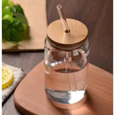Imagem de Kit 3 Copos de Vidro com Tampa de Bambu e Canudo de Vidro 570 ML Drinks Caipirinha