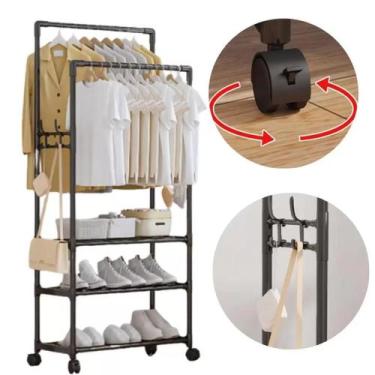 Imagem de Arara Dupla Cabideiro Com Sapateira Rodinha Cabide Prateleiras - SHOP 