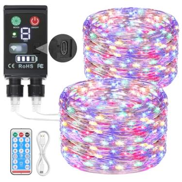 Imagem de Lakumu Luzes de fadas recarregáveis 2 em 1, 2 × 80 m, 200 LEDs, luzes cintilantes operadas por bateria com controle remoto e temporizador, cordão de luzes LED à prova d'água para quarto, acampamento