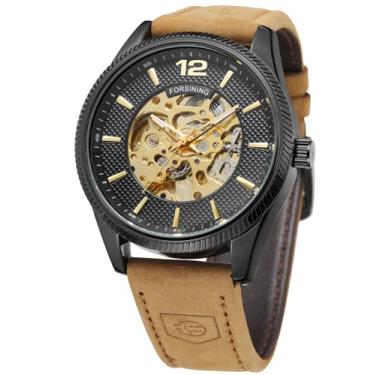 Imagem de FORSINING Relógio de pulso masculino mecânico minimalista com mostrador analógico simples e pulseira de couro, 4 - Ouro e preto, Clássico