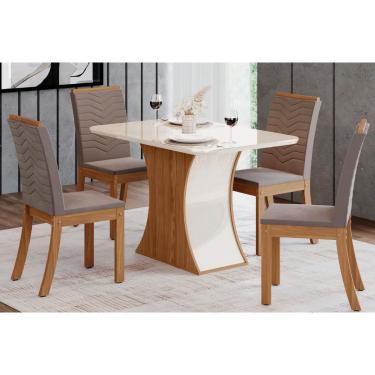 Imagem de Conjunto: Mesa de Cozinha Luiza c/ Tampo de Vidro 120x80cm e 4 Cadeiras Isa Nature/Off White - Suede Marrom - Henn