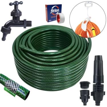 Imagem de Mangueira De Jardim 20m Metros Reforçada Trançada + Suporte Alça Plástica Portátil Cinza + Torneira