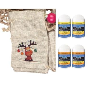 Imagem de Mini protetor labial SPF – Pacote com 4 (redemoinho de baunilha e amêndoa) – Escolha 1 bolsa de presente pequena: Papai Noel, rena, boneco de neve ou pinguim (rena)