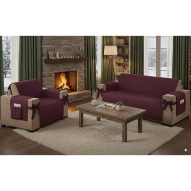 Imagem de Kit Capa Protetora para Sofá 2 e 3 Lugares | Protetor de Sofá Ajustável com Laço Decorativo | Capas Laváveis Antiderrapantes | Proteção contra Sujeira, Manchas, Pets e Crianças (Vinho)