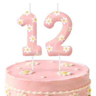 Imagem de Velas de aniversário rosa número 12, enfeite de bolo com tema de margarida para meninos e meninas, decorações de aniversário, suprimentos de festa, velas numéricas para decoração de festa