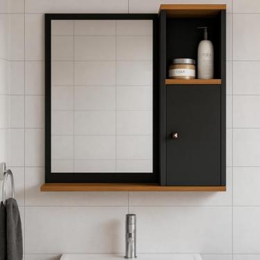 Imagem de Espelheira Suspensa Armário Aéreo de Parede para Banheiro Pequeno Apartamento Bancada Prateleira com Espelho 1 Porta e Nicho Organizador Deca Aqua - Preto/Freijó