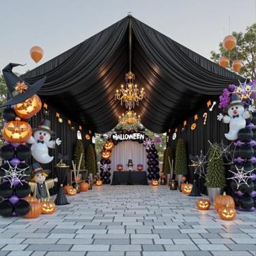 Imagem de PartyVillage 10 painéis de 1,5 m x 6 m cortinas de teto pretas para festas de Halloween – 6 m de poliéster grosso extra longo sem rugas decoração de barraca para festa de aniversário, cerimônia de