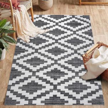 Imagem de ESSMOKO Tapete de sala de estar em estilo nórdico moderno, tapete de quarto, tapete de lã artificial, lavável na máquina, fácil de cuidar, 40 x 60 cm, padrão de diamante preto branco