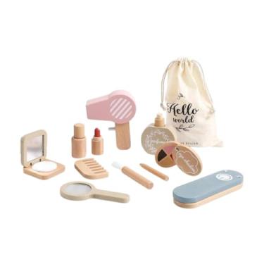 Imagem de Luwecf Kit de maquiagem infantil para meninas Conjunto de maquiagem Presentes Brinquedos de salão de beleza de madeira Penteadeira Brinquedo de madeira