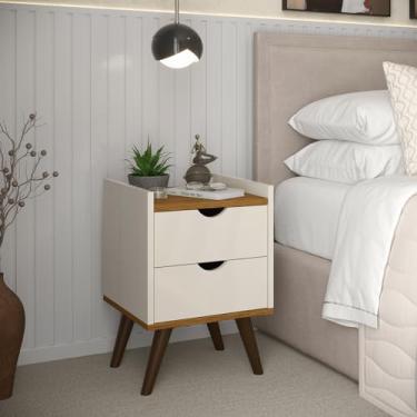 Imagem de Mesa de Cabeceira Juma Modelo Retrô com Nicho e 2 Gavetas Dream Madri (OFF WHITE C/FREIJÓ)