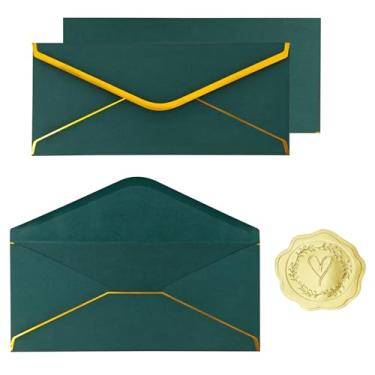 Imagem de Pacote com 30 envelopes de negócios nº 10 com borda dourada e adesivos, envelopes padrão autoselados de 24 x 10 cm para escritório, cartas, cheques, faturas, documentos (verde escuro)