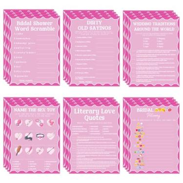 Imagem de Conjunto de jogo rosa para chá de panela, 6 jogos divertidos de casamento com folha de respostas e acessórios de atividade, perfeito para festas de noiva e despedida de solteira, 78 peças