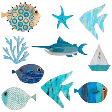 Imagem de Framendino, Pacote com 10 decoração de parede de peixe do oceano de madeira tema de praia decoração de banheiro decoração de madeira náutica litoral pendurada presente de arte