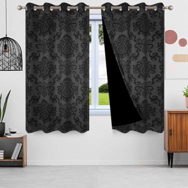 Imagem de SIEDYCV Cortinas blackout com padrão damasco preto 133 x 150 cm, estilo étnico europeu, estampa floral, cortinas de janela com forro preto, cortinas de janela com isolamento térmico para quarto