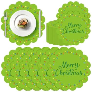 Imagem de 50 peças de jogo americano de papel de Feliz Natal com lâmpada verde, 33,5 cm, descartáveis, bordas recortadas, tapetes decorativos de mesa de jantar para Natal, aniversário, festa de casamento