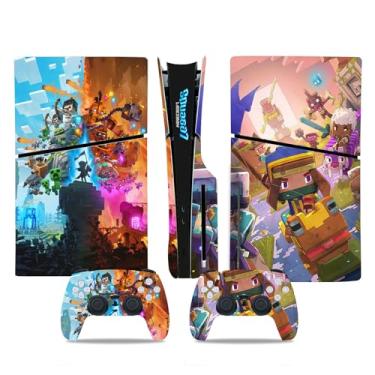 Imagem de MaD Vision Conjunto de películas de vinil extraduráveis para PS5 Slim + 5 pares de anéis de mira | Kit de adesivos resistentes a arranhões para PlayStation 5 + 2 controles – para design de Minecraft