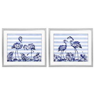 Imagem de Stupell Industries Conjunto de impressão emoldurada cinza de 2 peças de flamingos e listras pinceladas sob vidro, design de Paul Brent, 33 x 40
