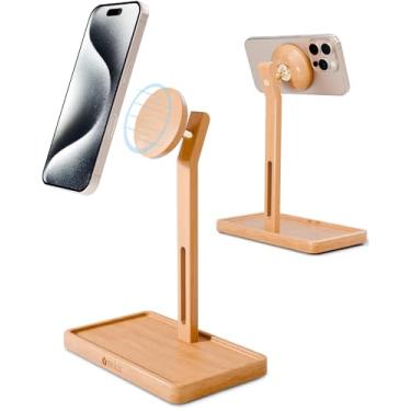 Imagem de YEOUX Suporte de telefone magnético premium para mesa | madeira de faia maciça | ajustável livre de 360° | Compatível com MagSafe, para iPhone 17 16 15 14, acessório de mesa elegante