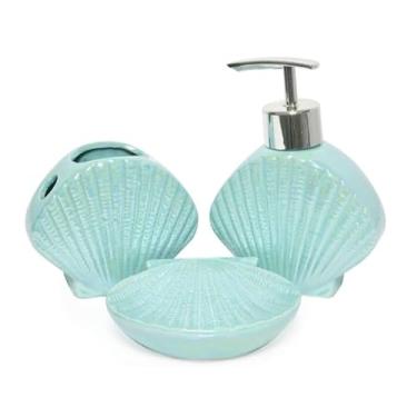 Imagem de Kit Jogo De Banheiro Lavabo CerâMica Porta Escova Porta Sabonete Liquido Saboneteira 3 PeçAs(Azul turquesa)