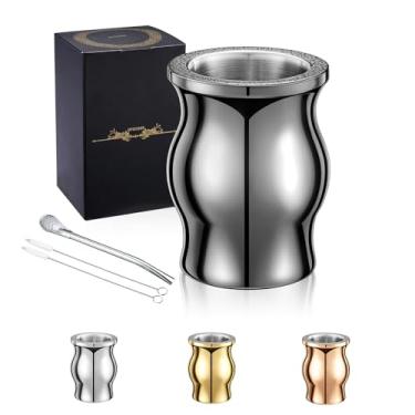 Imagem de proceat Xícara de erva mate, cuia mate inclui copo mate de aço inoxidável, bombilla (palha fosca), escova | cabaça de erva mate - 241 g, altamente polida | Xícaras de chá Mate Mate | (cinza preto)