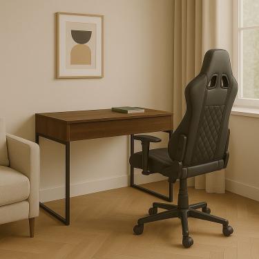 Imagem de Workstation Slim Amadeirado Escuro Mesa Home Office Com Tampo Articulado Oculta Monitor