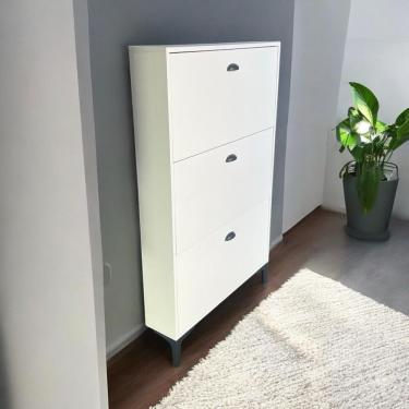 Imagem de Sapateira Estreita Mdf Branco 17cm Profundidade 3 Portas Organizador De Sapatos Para Entrada E Corredor