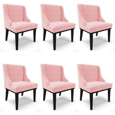 Imagem de Kit 6 Cadeiras Estofadas para Sala de Jantar Base Fixa de Madeira Preto Lia Suede Rosa bebê - Ibiza