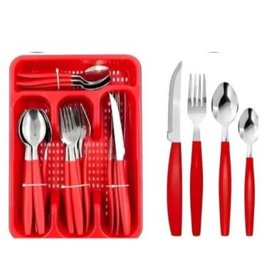 Imagem de Kit 25 Peças Jogo De Talheres De Mesa Plástico E Aço Inox Vermelho
