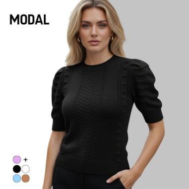 Imagem de Blusa Tricot Modal Trança Chevron Manga Curta - Vitrine Collection, Pr