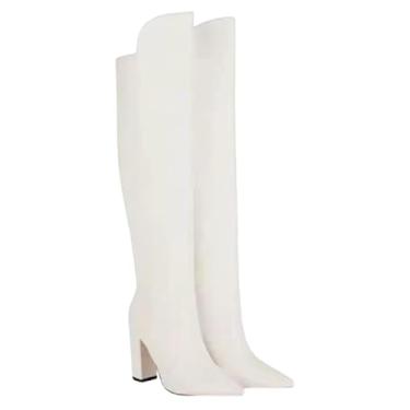 Imagem de Bota Feminina Over the Knee em Couro Croco, Salto Alto 10cm, Cano Longo (Branco, Padrão, BR, Adulto, Numérico, 37)