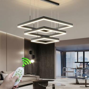 Imagem de Luminária pendente moderna LED grande com 3 anéis reguláveis, lustre de metal quadrado preto para hall de entrada do quarto com controle remoto, luminária pendente geométrica suspensa de tet