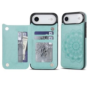 Imagem de Capa carteira para iPhone Air, anti-impressão digital com couro sintético durável e TPU, padrão mandala em relevo, à prova de choque, 3 compartimentos para cartão e suporte (verde)