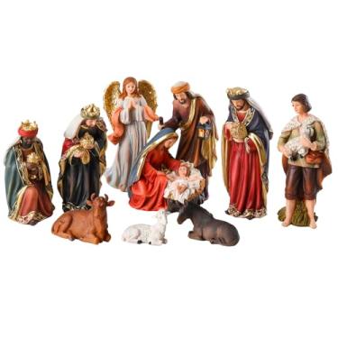 Imagem de Yinns Conjunto de presépio de Natal de 20 cm interno, estatueta de presépio de resina de 11 peças para mesa de Natal, decorações religiosas para casa