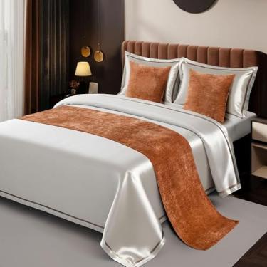 Imagem de Cachecol de corredor de cama de hotel cor sólida sem desbotamento decoração de cama de veludo luxuoso para quarto de cama de proteção de cama macia de qualidade para cama dupla queen tamanho king café