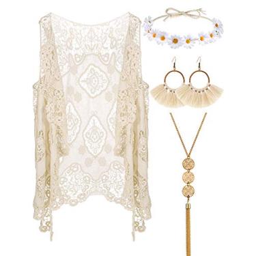 Imagem de WILLBOND 4 peças de roupas de Halloween dos anos 60 e 70 para mulheres, fantasia hippie dos anos 70, acessórios para mulheres, colete hippie com franjas, Branco, Large